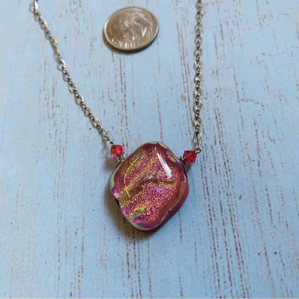 Sterling Silver Pink‎ Green Diachronic Glass Necklace